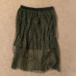 SheIn Green skirt with black, gold dotted mesh overlay. Size 1XL